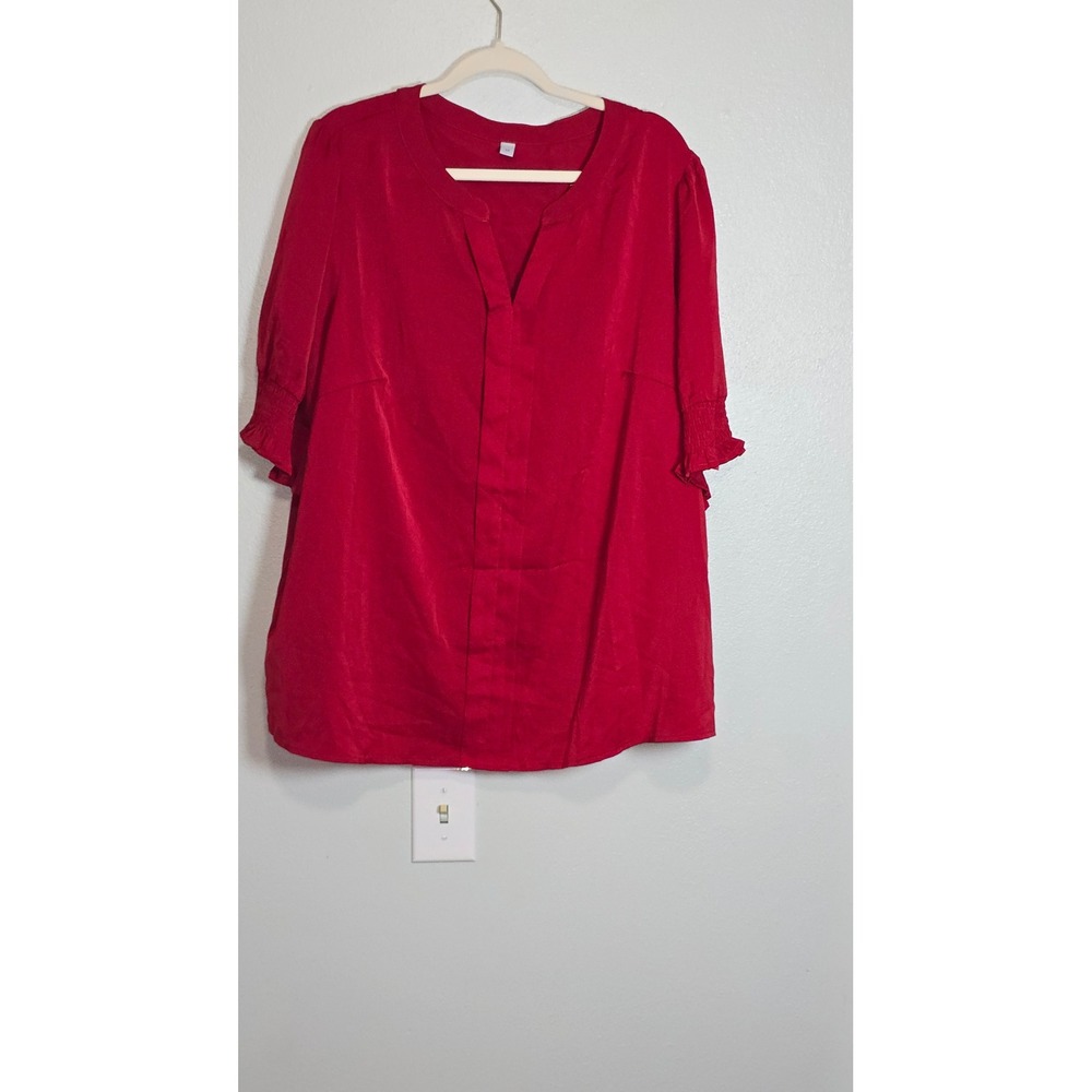 Red Split Neck Blouse Short Smocked Ruffle Sleeve Top 3X Classic office business